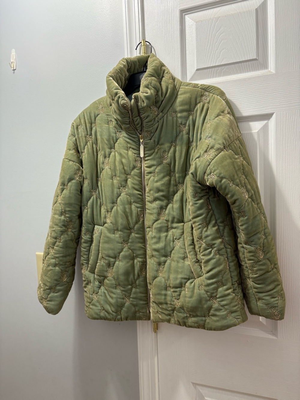 Johnny Was Zaelia Lux Quilted Velvet Puffer Mint Green Coat LINING IS FLAWED